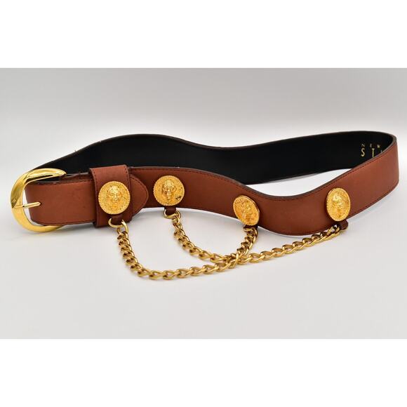 New York Studio Vintage L Leather Belt Buckle Gold Lion Coin Chain Brown 1980s main image 10